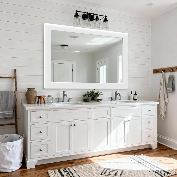 54''x36'' Rustic Wall Mirror for Bathroom White Wood Frame, Classic Rectangle Mirror Farmhouse Vanity Wall Mirror Decor Living Room, Bedroom, Entryway