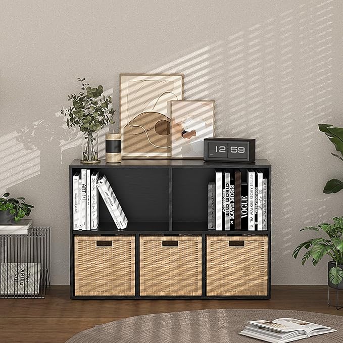 Wooden 5 Cube Storage Organizer with Closed Back Panel,White Cube Shelf Cubby Storage Organizers with Compartments for Living,Bookshelf,Organizers Easy to Install (Black, 5 Cube)