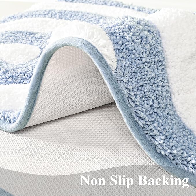 QJHOMO Blue and White Cute Bathroom Rugs Non Slip Bath Mat Modern Aesthetic Bathroom Decor, Geometric Striped Bath Rug Soft Fluffy Floor Mats, Thick Microfiber Carpet Machine Washable (18x26 inch)