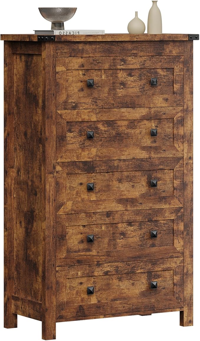 Brown Dresser Tall 5 Drawer Dresser for Bedroom, Wooden Dressers & Chests of Drawers with Metal Handles, Modern Storage Cabinet and Organizer Drawers for Living Room, Hallway