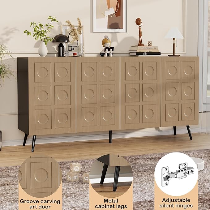 Sideboard Buffet Cabinet with Storage: 63" Black and Oak Credenza Storage Cabinet for Living Room, Mid Century Modern Console Table with 4 Doors, Fluted Long Accent Cabinets (Oak)
