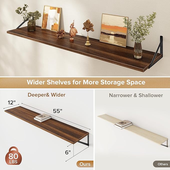 Deep Floating Shelves Wall Mounted, 55"x12" Walnut Wall Shelves with Brackets Set of 2 for Bedroom, Living Room, Bathroom, Kitchen, Office - Storage & Display Shelf for Decor, Books, Plants