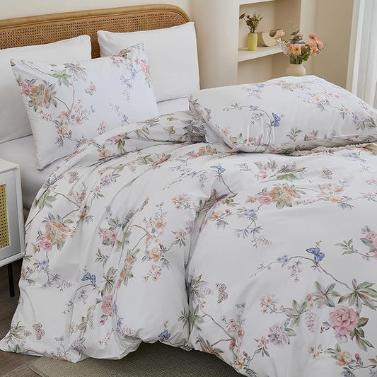 100% Cotton Duvet Cover Queen Size – Elegant French Romantic Floral Duvet Cover Set with Zipper Closure, 3-Piece Soft Breathable Durable Percale Cotton Bedding Set for All Seasons