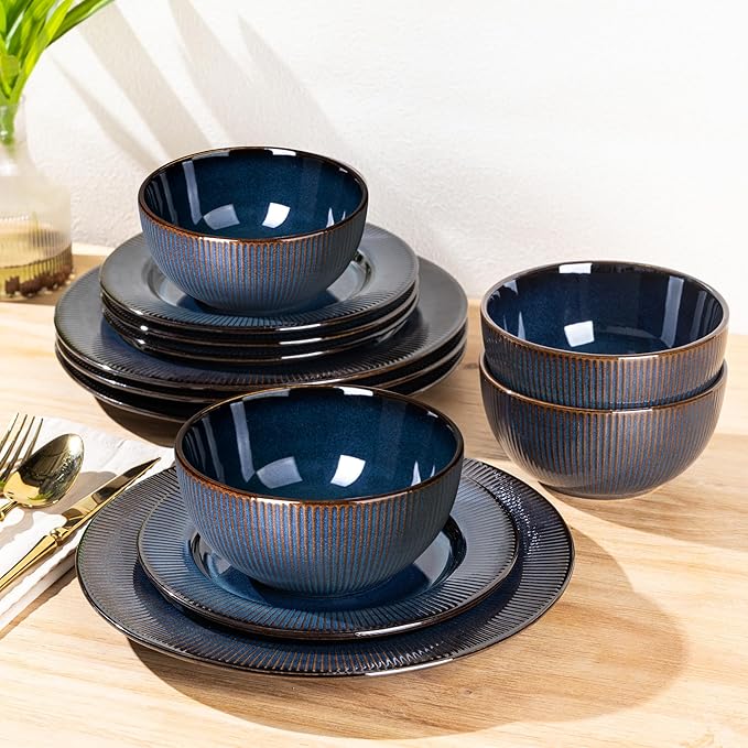 GBHOME Ceramic Dinnerware Sets,12 pcs Embossed Elegant Stoneware Plates and Bowls Sets, Housewarming Wedding Gift | Dishwasher & Microwave Safe | Dishes Set Service for 4
