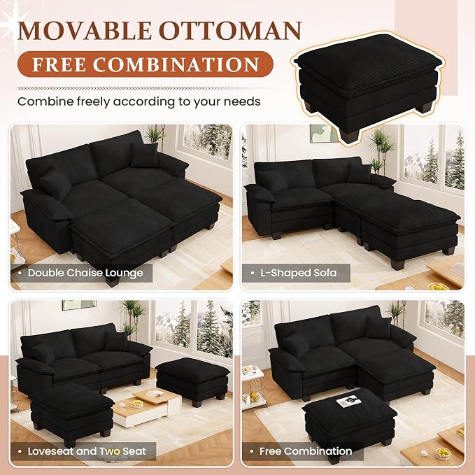 Modular Sectional Sofa Cloud Couch, Comfy Corduroy Loveseat with Ottoman Upholstered Deep Seat Sleeper Sofa Bed 2 Seater Couch Oversized Chaise Lounge Chair Indoor for Living Room Bedroom, Black
