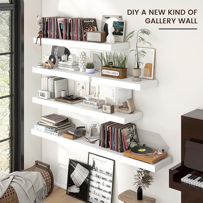 Floating Shelves for Wall, 72 Inch Wide x 12 Inch Deep Floating Shelves, Long Wood Floating Wall Shelf Shelves for Living Room Bathroom Bedroom Kitchen Home - (White, 72" W x 12" D x 2" H)