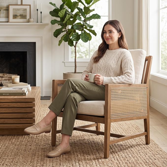chairus Mid-Century Modern Accent Chairs Set of 2, Upholstered Solid Wood Armchairs with Cane Armrests & Slat Back, Comfy Rattan Reading Chairs for Living Room Bedroom Guest Room, Beige Linen