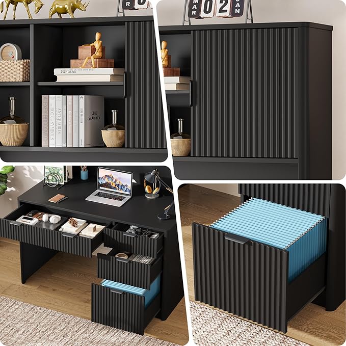 Vabches 67" H Executive Desk with Fluted Drawers,4 Drawers Fluted Computer Desk,Wood Workstation with Hutch and Barn Doors for Work and Study,Pure Black
