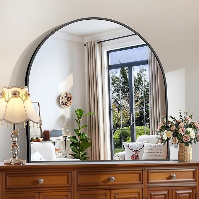 CIRCUMI Arched Wall Mirror, 42"x42" Black Arched Mirror with Tempered Glass, Metal Frame, Large Size for Entryway Table, Mantel,Living Room,Over Sink,Arch Mirror for Decor,Shatterproof&Crystal-Clear