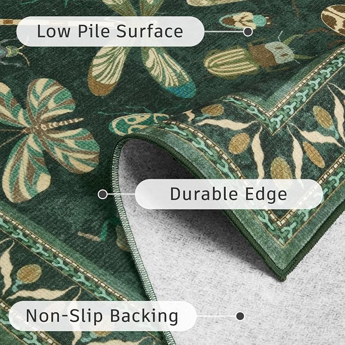 DCX 6x9 Washable Insect Rug, Vintage Gothic Dark Green Rug with Non-Slip Rubber Backing, Soft Low-Pile, Stain-Resistant, Kid & Pet Friendly, for Living Room, Bedroom, Office, and Nature-Themed Decor