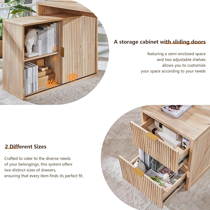 JXQTLINGMU 67" Modern L Shaped Desk with Storage Cabinet & Drawers, Wood Home Office Desk with Power Outlets, Fluted Computer Writing Desk, Oak