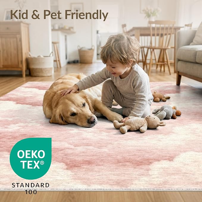 4'x6' Washable Cottagecore Cloud Area Rug, White Flatwoven Floor Mat for Home Office, Gaming Room, Under Desk, Non-Slip Chair-Friendly Carpet | Ref:2208259
