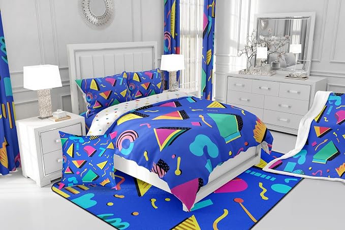 80s 90s Bedding Set Memphis Pattern Old Fashioned Comforter Cover King,Geometric Abstract Colorful Dots Funky Duvet Cover Retro Bed Set,Multicolor Cute Vintage Rainbow 80'S Style 1980S Home Decor