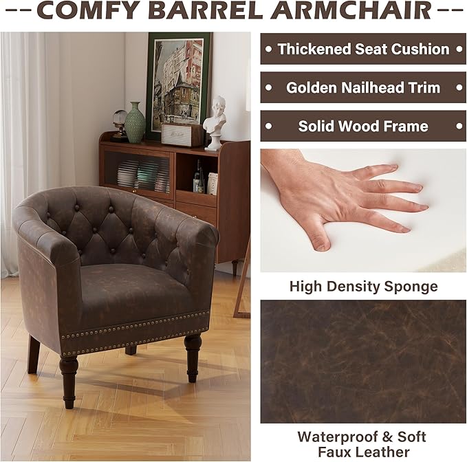 UIXE PU Leather Accent Chair, Barrel Club Chair Modern Upholstered Armchair for Living Room, Comfy Nailed Trim Arm Chair Bedroom Reading Seat, Chocolate