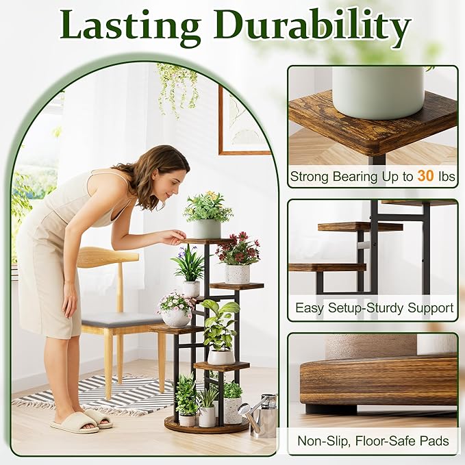 5 Tier Wood Plant Stand Indoor Outdoor, Wood Tall Plant Rack, Heavy Duty Wrought Iron Flower Pot Stand, Planter Display Rack for Living Room Balcony Garden Patio - BlackSquare