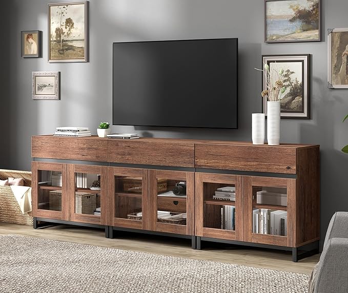 WAMPAT 94.5'' Multifunctional Sideboard Buffet Cabinets with 6 Glass Doors and 3 Drawers, Modern Sideboard Credenza, Coffee Bar Storage Cabinet for Living Room, Kitchen, Brown