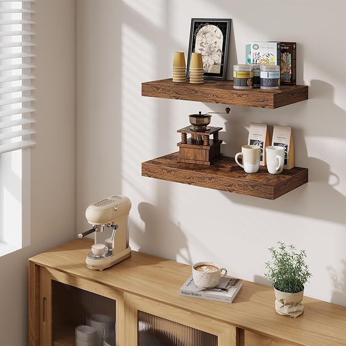 Fun Memories 24 Inch Floating Shelves Wall-Mounted, 12 Inch Deep Wall Shelves, 24 x 12 Floating Shelf, Deep Storage Shelf for Living Room Bathroom Bedroom, Rustic Brown, Set of 2
