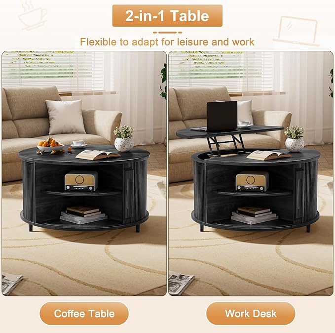 Round Lift Top Coffee Table, 31.5” Fluted Wood Lift Up Center Table with Sliding Door & Hidden Storage, Mid Century Modern Coffee Table for Living Room & Home Office (Black)