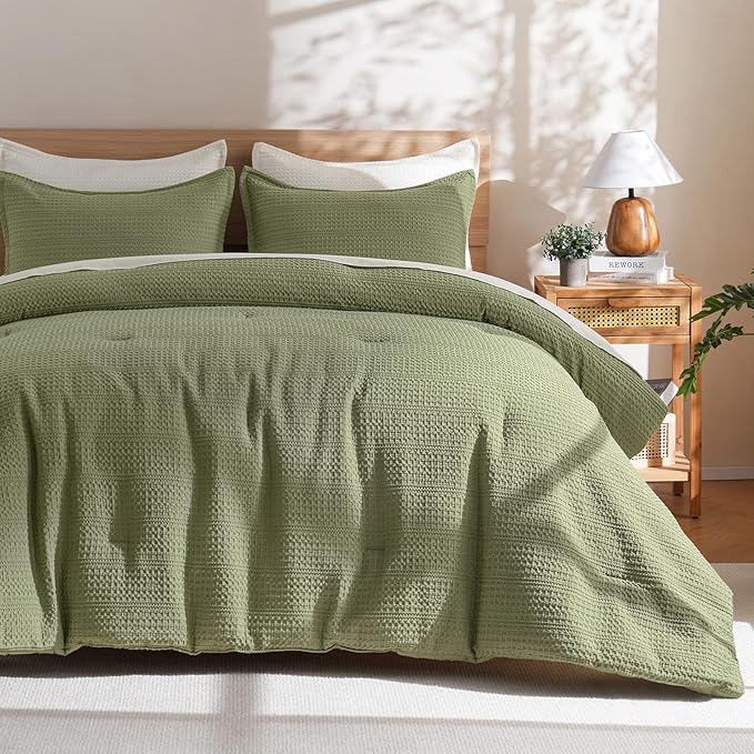 PHF Soft Waffle Comforter Set Queen Size- Comfy Breathable Waffle Weave Comforter with 2 Pillow Shams, 3 Pieces Less Snagging Lightweight Textured Bedding Set for All Season, Olive Green