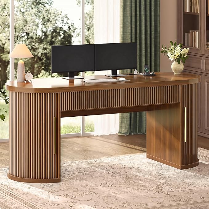 SEDETA Office Desk with 2 Drawers, 58.3" x 21.7" Fluted Long Computer Desk with 2 Sliding Doors Storage and Power Strip, Wood Executive Desk for Home Office, Living Room, Bedroom, Brown