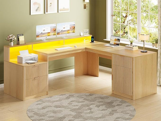 SEDETA 66" Modern L Shaped Desk with Drawers, Fluted Home Office Desk with File Cabinet and Printer Shelf, Wood Executive Desk with Monitor Stand, Power Outlets, Led Lights, Oak