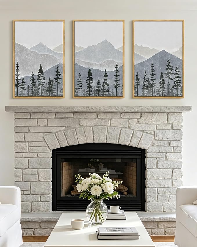 KUVIOKE Mountain Landscape Framed Wall Art Watercolor Nature Forest Painting Boho Farmhouse Rustic Room Decor for Bedroom Dining Room 16x24in (Natural Framed)
