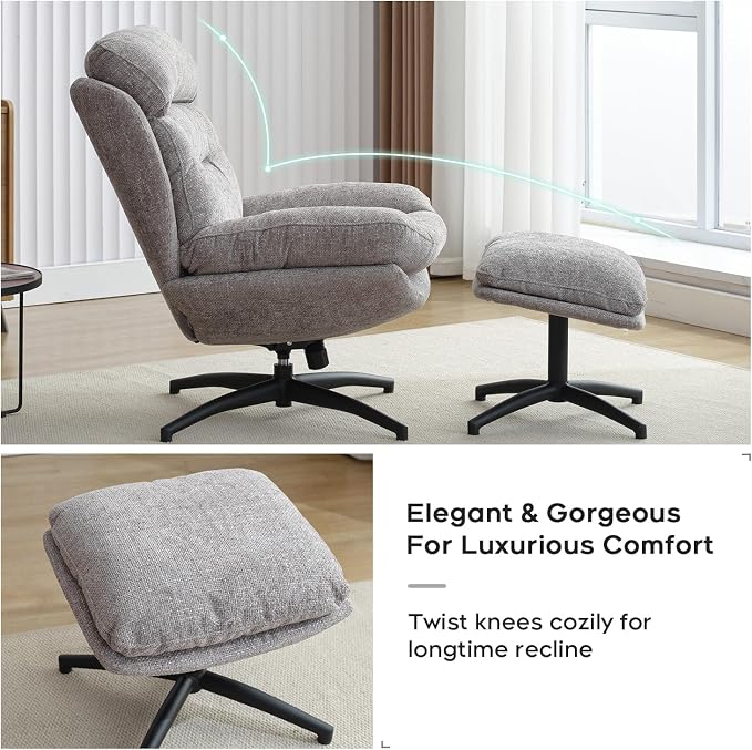 Swivel Accent Chair with Ottoman Set for Living Room, Chenille Comfy Reading Chair with High Back, TV Lounge Chair with 360 Degree Swiveling, Tilting for Bedroom, Modern Armchair with Footrest, Grey