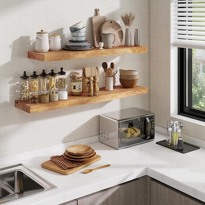 Extra Deep 72" Long Live Edge Rustic Floating Shelves for Wall, Solid Wood Wall Shelves with Invisible Bracket Mount for Living Room Bathroom Bedroom Kitchen, Set of 1, Natural