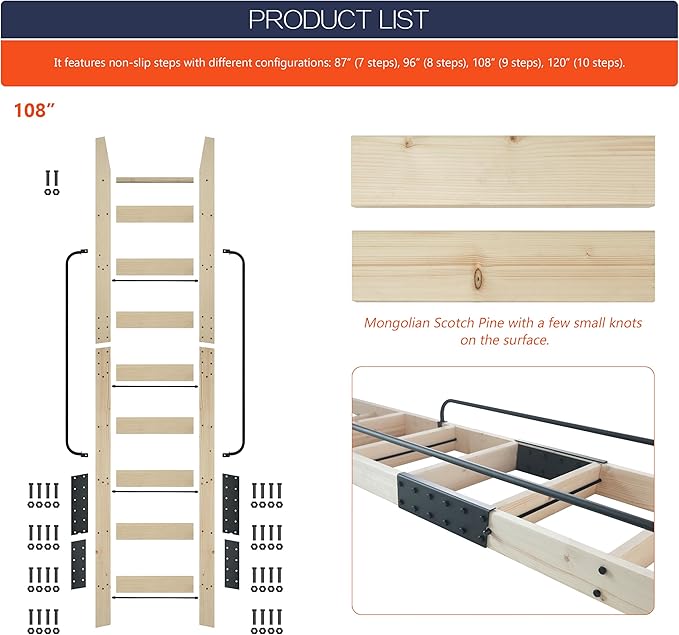 108in Knotty Pine Wood Library Ladder with Black Handrail – 300 lbs Capacity, Unfinished for Painting or Staining