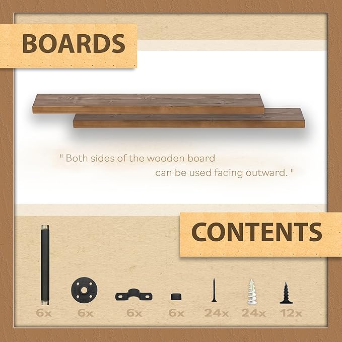 TEN49 Real Wood Rustic Floating Shelves Wall - 48 Wide Small Wooden Industrial Pipe Shelving - Farmhouse Pipe Wall Shelves Furniture Bathroom Decor Art Shelf Kitchen - Dark Espresso Color - Set of 2