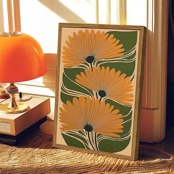 Framed Boho Floral Canvas Wall Art, Vintage Flower Pictures Wall Decor, Abstract Botanical Paintings Prints Maximalist Home Decor for living Room Bedroom Office 16x24 inch