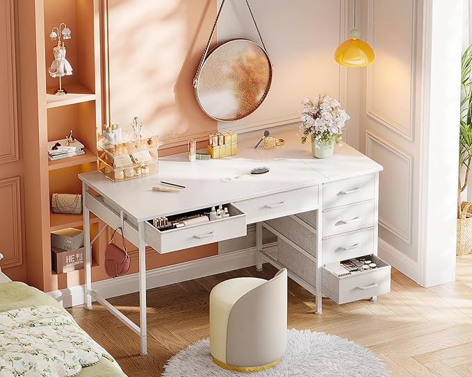 ODK Computer Desk with 6 Drawers, 48 Inch Office Desk with Storage, Reversible Desk with Headphone Hook for Home Office, Work Study Table Vanity for Bedroom, White