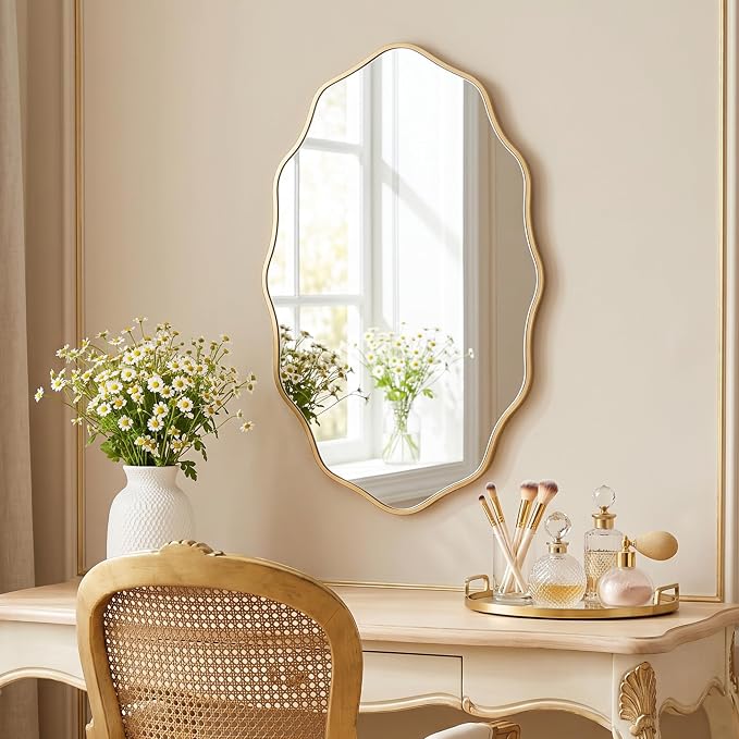PERFNIQUE Gold Scalloped Mirror, 30''L×18''W Oval Wavy Wood Framed Mirror for Wall Decor, Hanging Leaning for Bathroom, Nursery, Entryway, Vanity, Living Room