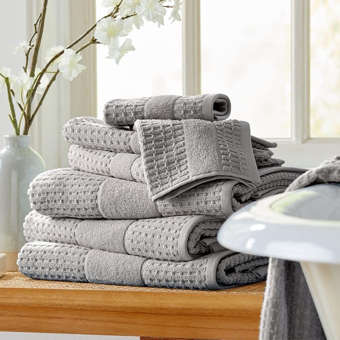 100% Cotton Super Soft Luxury Bath Towel Set | Quick-Dry and Highly Absorbent | Waffle Textured | 550 GSM | Includes 4 Bath Towels | Harper Collection (Light Grey)