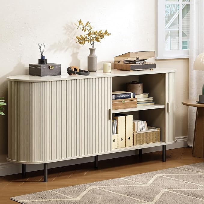 Buffet Cabinet with Storage, Fluted Sideboard Buffet with Sliding Door, Coffee Bar Cabinet with Adjustable Shelf, Console Table, Accent Table for Entryway, Kitchen (Natural White, 63 Inch)
