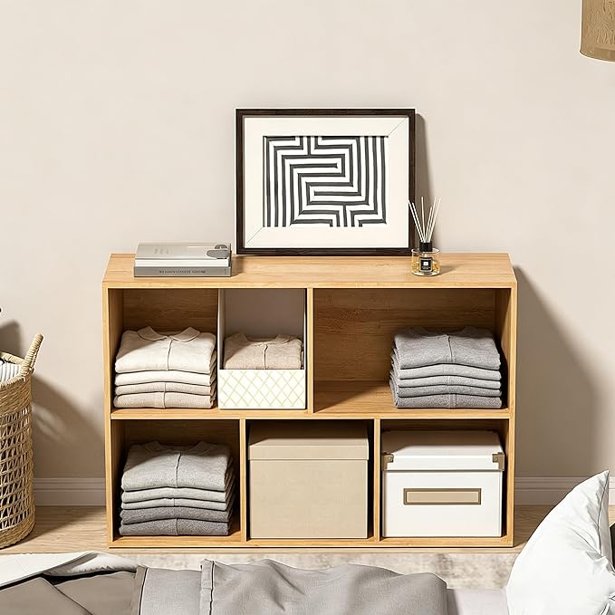 Wooden 5 Cube Storage Organizer with Closed Back Panel,White Cube Shelf Cubby Storage Organizer with Compartments for Living,Bookshelf, Easy to Install (Oak, 5 Cube-11in)