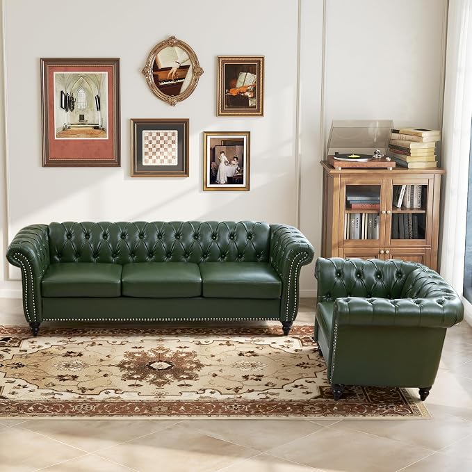 LEVNARY Chesterfield Sofa, 3 Seater Tufted Couch for Living Room, Classic Button Tufted Upholstered Sofa, Modern Mid-Century PU Leather Sofa (Green)