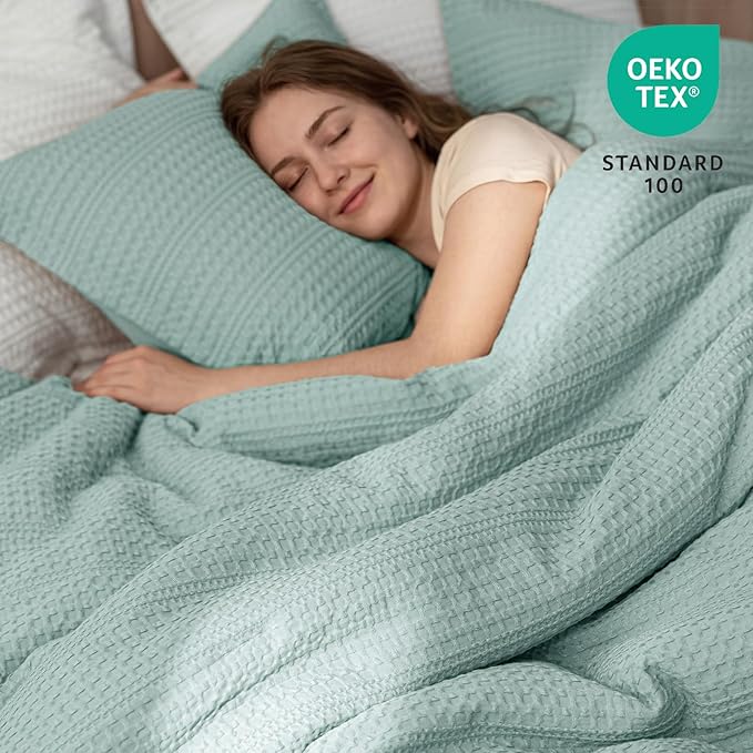 PHF Soft Waffle Comforter Set King Size- Comfy Breathable Waffle Weave Comforter with 2 Pillow Shams, 3 Pieces Less Snagging Lightweight Textured Bedding Set for All Season, Aqua