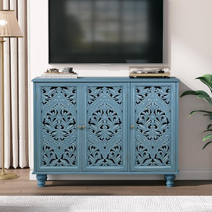 Accent Cabinet with 3 Carved Doors, Distressed Blue Sideboard Buffet with Storage & Solid Wood Legs, 43" Vintage Console Table for Living Room, Entryway, Coffee Bar, Hallway