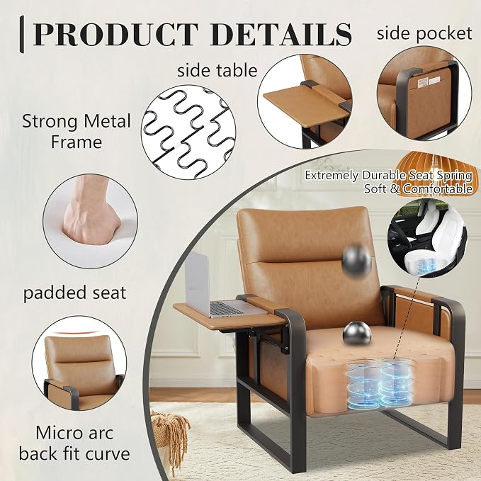 Upholstered Living Room Chair Armchair, Mid Century Faux Leather Metal Accent Chair, Reception Couch Office Guest Chair Slipper Club Lounge Single Sofa with Sidetable for Bedroom-Light Brown