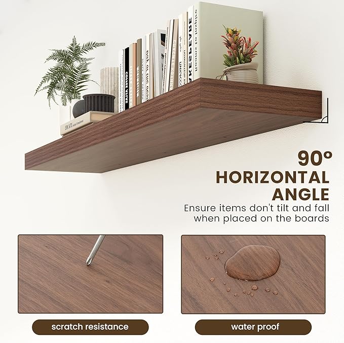 12 Inch Deep Floating Shelves | 55 Inch Walnut Floating Shelves | 55" W x 12" D Rustic Wood Shelves for Wall | Deep Walnut Shelves for Living Room Bathroom Laundry Room Kitchen