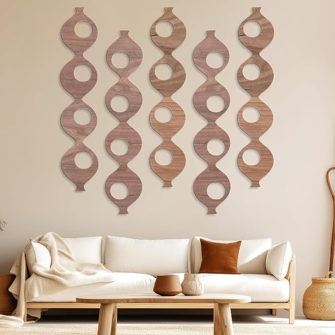 AceOrbit 5Pcs 23.6in Mid Century Wall Art Wood Mid Century Elegance Decor Accents Abstract Wall Sculpture Geometric Panels for Retro 70s Interior Panel Art for Home Living Room Bedroom Decor