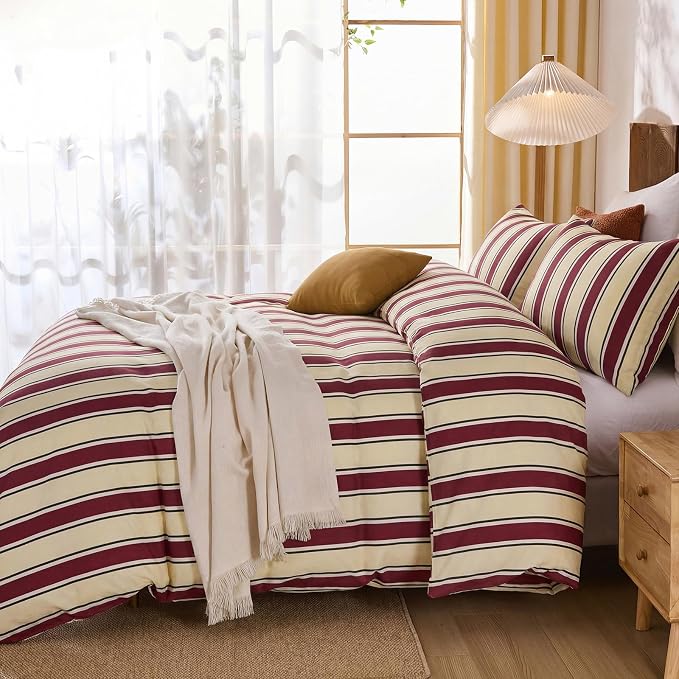 Merryword Red and Cream Striped Duvet Cover Set King Size, 100% Cotton Bedding Set with Zipper Closure & 8 Corner Ties, Awning Stripe Bedding, Soft Breathable Comforter Cover for All Seasons