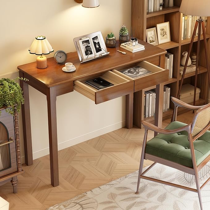100% Solid Wood Desk with Drawers 39 x 16 Inch Narrow Mid Century Modern Desk, Small Vintage Writing Wooden Desks for Small Spaces Bedroom, Living Room, Office