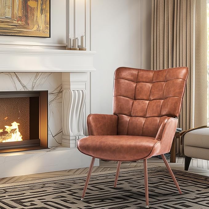 Kosydown PU Leather Accent Chair, High Back Wingback Chair, Comfortable Single Seating, Elegant Tufted Accent Chair for Living Room, Bedroom, Office, Reading Room, Brown