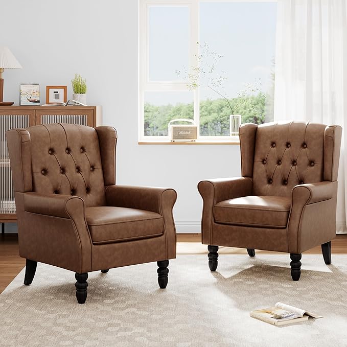 Faux Leather Accent Chairs Set of 2, High Back Upholstered Chair with Button Tufted, Mid-Century Modern Comfy Wingback Chair Reading Armchair for Living Room for Bedroom, Office-P Brown