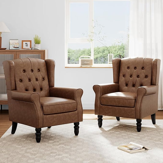 Faux Leather Accent Chairs Set of 2, High Back Upholstered Chair with Button Tufted, Mid-Century Modern Comfy Wingback Chair Reading Armchair for Living Room for Bedroom, Office-P Brown
