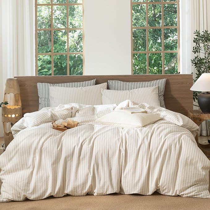 MooMee Striped Duvet Cover Set 100% Washed Cotton Linen Like Textured Breathable Durable Soft Comfy (Almond Milk Grey Classic Stripes, King 104"x90")