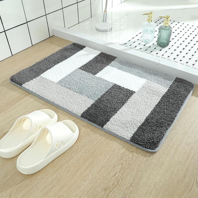 Checkered Bath Mat - Super Absorbent, Soft and Thick, Rubber Backing Non-Slip, Machine Washable Shower Rug, Bath Mat, Bathroom Home Decor Accessories, 20"x31" (50x80cm), Black