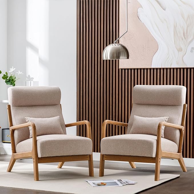 ANJ Mid Century High Back Accent Chairs Set of 2, Single Lounge Armchair with Solid Wood Frame, Comfy Reading Chair for Living Room, Easy Assembly